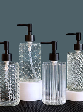 400ml轻奢透明玻璃浮雕黑色按压头洗手沐浴乳商用卫浴室分装空瓶