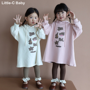 韩国女童2026春装新款儿童连帽卫衣裙纯棉中长款外套洋气百搭