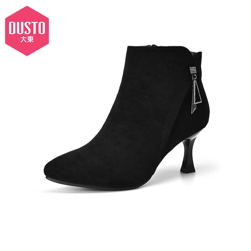 大东女鞋2020新款冬季优雅高跟尖头绒面加绒细跟短靴女靴20d1085e