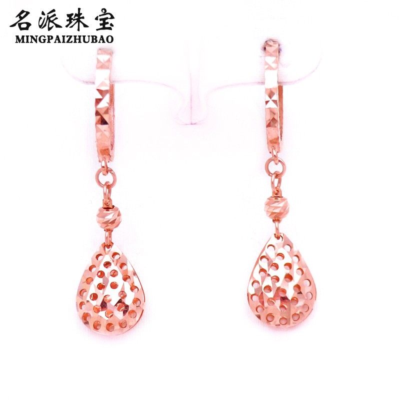 名派珠宝纯14K彩金俄罗斯585玫瑰金新品时尚镂空光面水滴耳环女