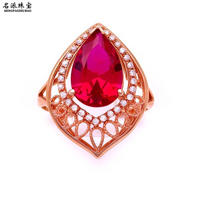 俄罗斯玫瑰金红宝石戒指女