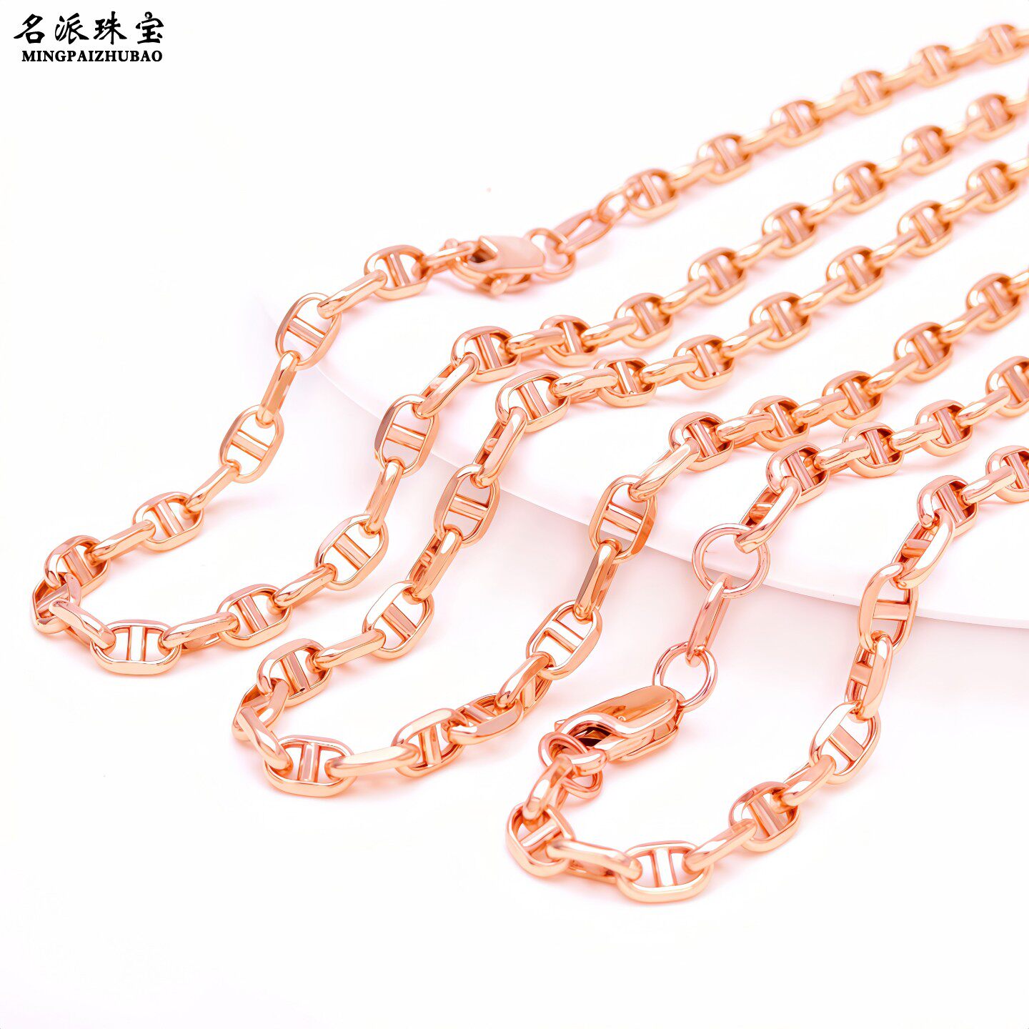 俄罗斯585紫金纯14K玫瑰金猪鼻子项链日字链粗链百搭质感毛衣颈链