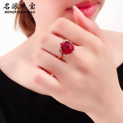 满洲里名派珠宝14K玫瑰金纯俄罗斯585紫金新品奢华方形红宝石戒指