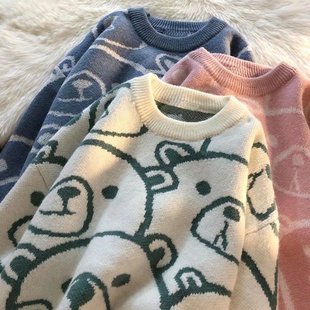 秋冬中性毛线衫 秋冬新款 卡通圆领宽大显瘦毛衣女日系酒红色针织衫