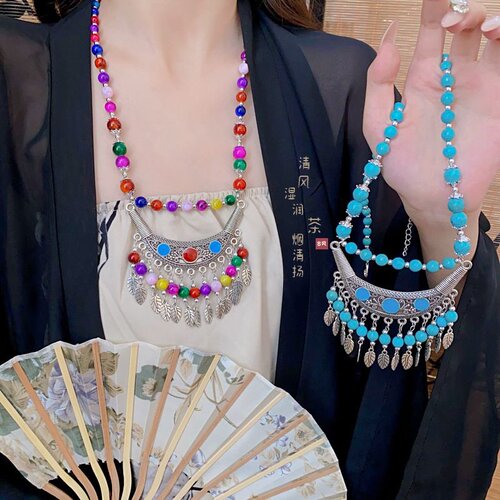 月牙滴油树叶琉璃珠项链复古民族风小众锁骨链新中式轻奢项饰