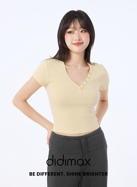 didimax夏季新款V领黄色T恤休闲风短袖 浅黄修身正肩上衣X09458