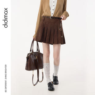 didimax冬季新款咖色麂皮百褶裙 学生半身裙复古A字裙女W61033
