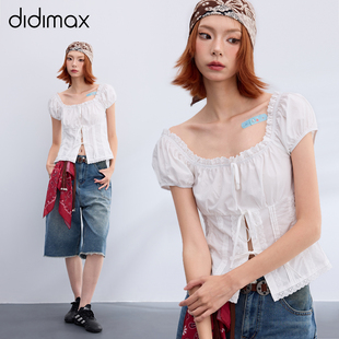 新款 时尚 didimax夏季 泡泡袖 系带上衣X44501 小衫 女方领白色短袖
