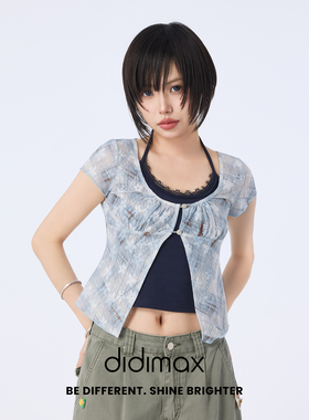 didimax夏季新款蓝色蕾丝休闲复古 少女风短袖 上衣镂空X88719