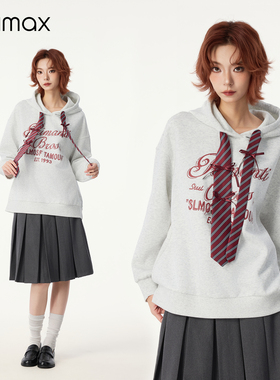 didimax冬季新款连帽卫衣 灰色宽松女上衣 学院风领带点缀W05643