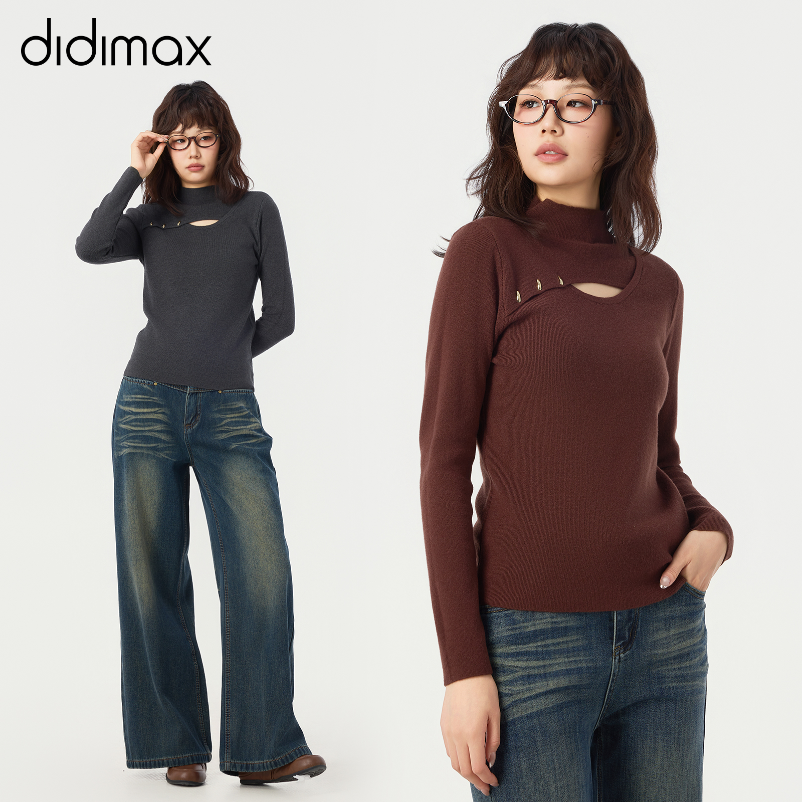 didimax冬季新款纯色半高领打底衫 镂空小性感设计修身上衣W46591