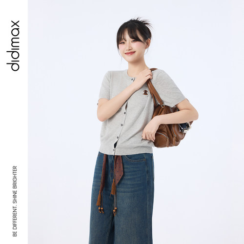 didimax秋季新款灰色毛针织衫开衫 短款短袖小外套女上衣Q20023