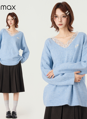 didimax冬季新款V领蓝色毛衣 蕾丝边拼接宽松温柔雅致毛衫W26023