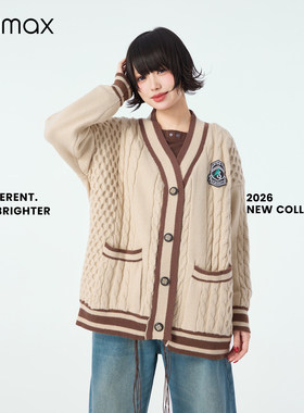 didimax春季新款绞花毛织宽松开衫 复古学院风重工外套毛衣C37353
