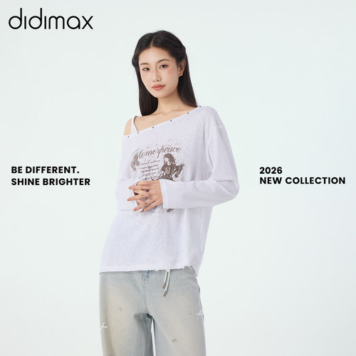 didimax夏季新款白色斜肩复古风T恤 时尚街头长袖上衣露肩X48110