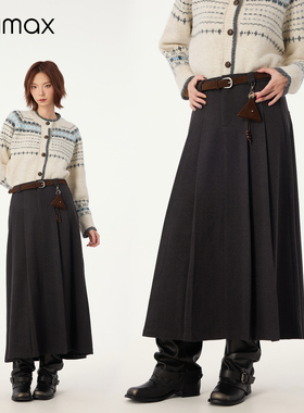 didimax冬季新款深灰色A字半身裙女 大摆长裙高腰棕色皮套W65798