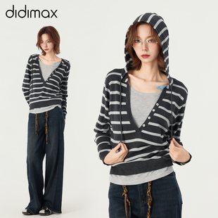 didimax冬季新款商场同款条纹连帽针织衫 假两件女上衣休闲W26034