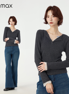 didimax冬春季新款V领蕾丝修身体恤衫 正肩长袖上衣女 内搭W46594