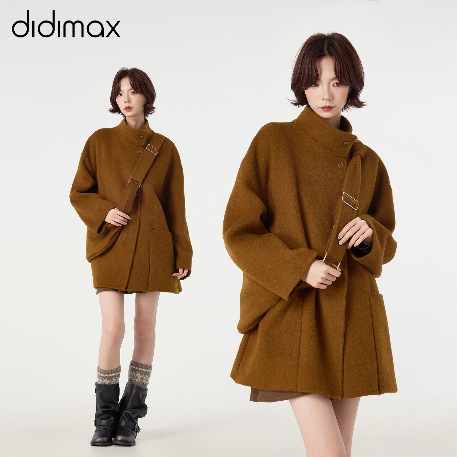 didimax冬季新款绵羊毛呢子大衣 浴袍式外套女 立领单排扣W36875