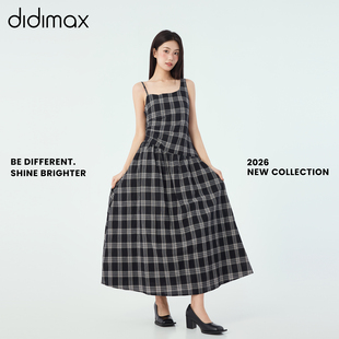 didimax夏季新款黑白格纹连衣裙 吊带无袖伞裙 肌理感女裙X78354