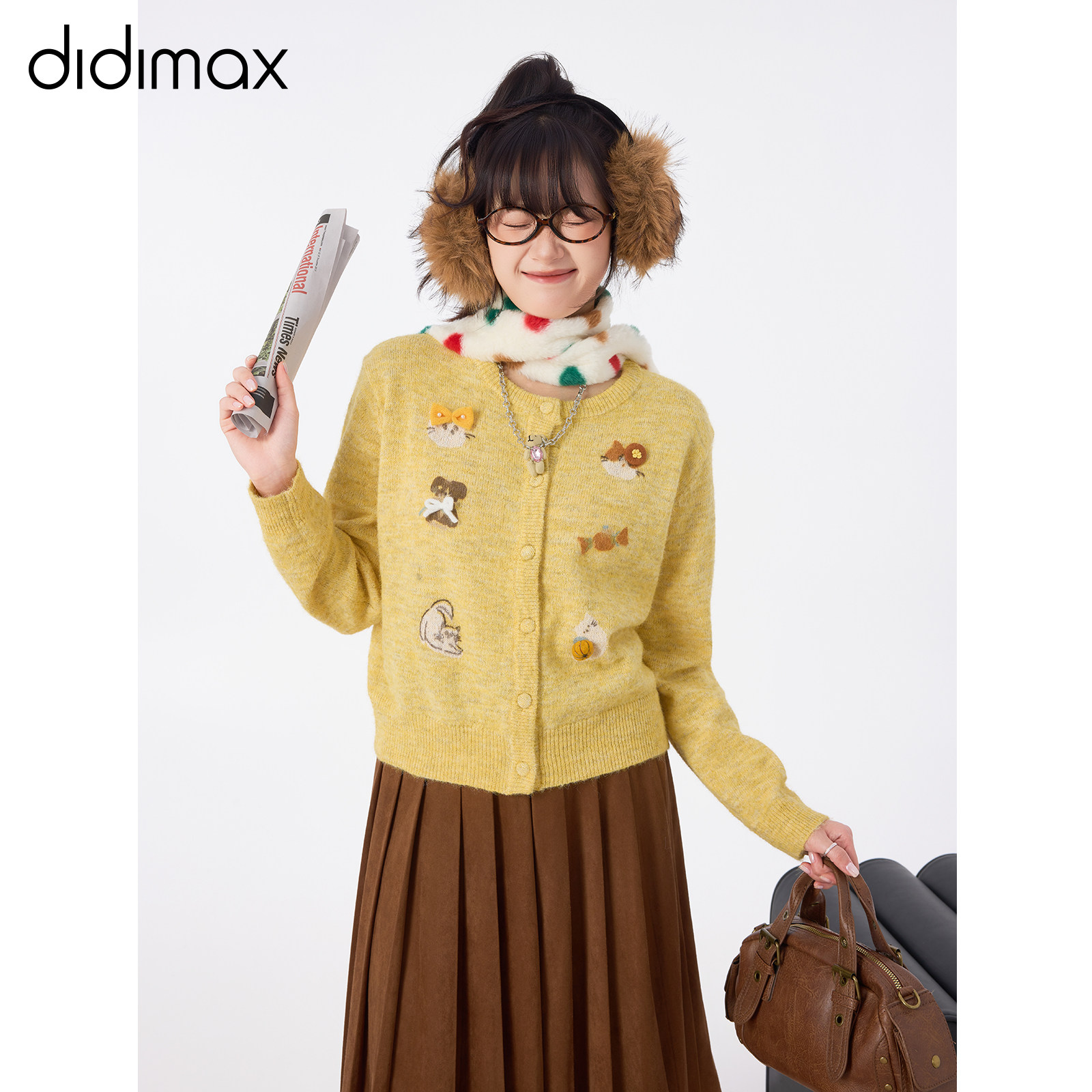 didimax冬季新款黄色开衫毛针织衫