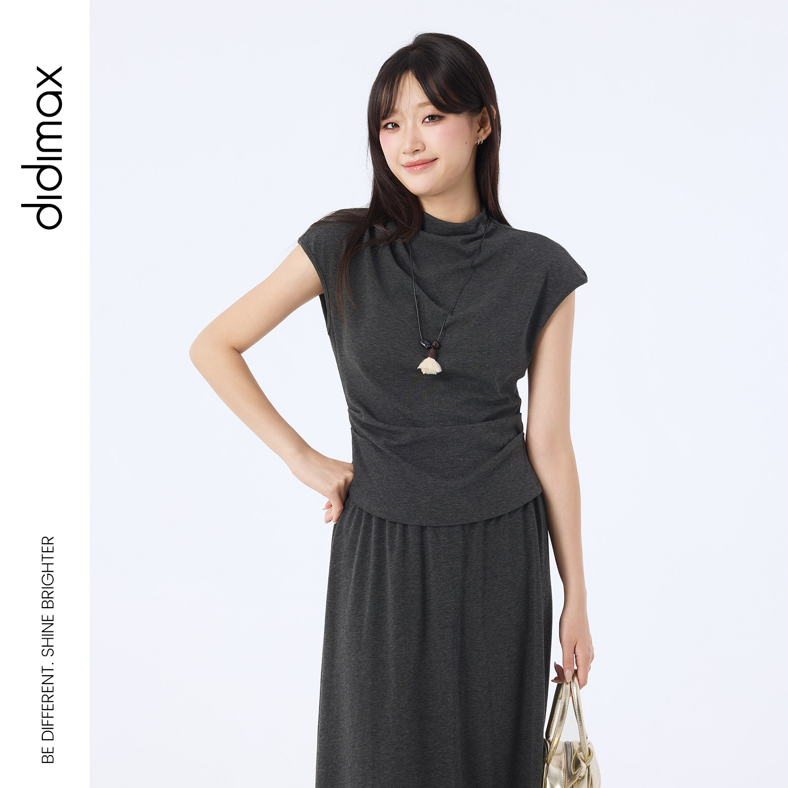 didimax秋季新款灰立领收腰短袖 半身长裙时尚套装气质女装Q89891图片