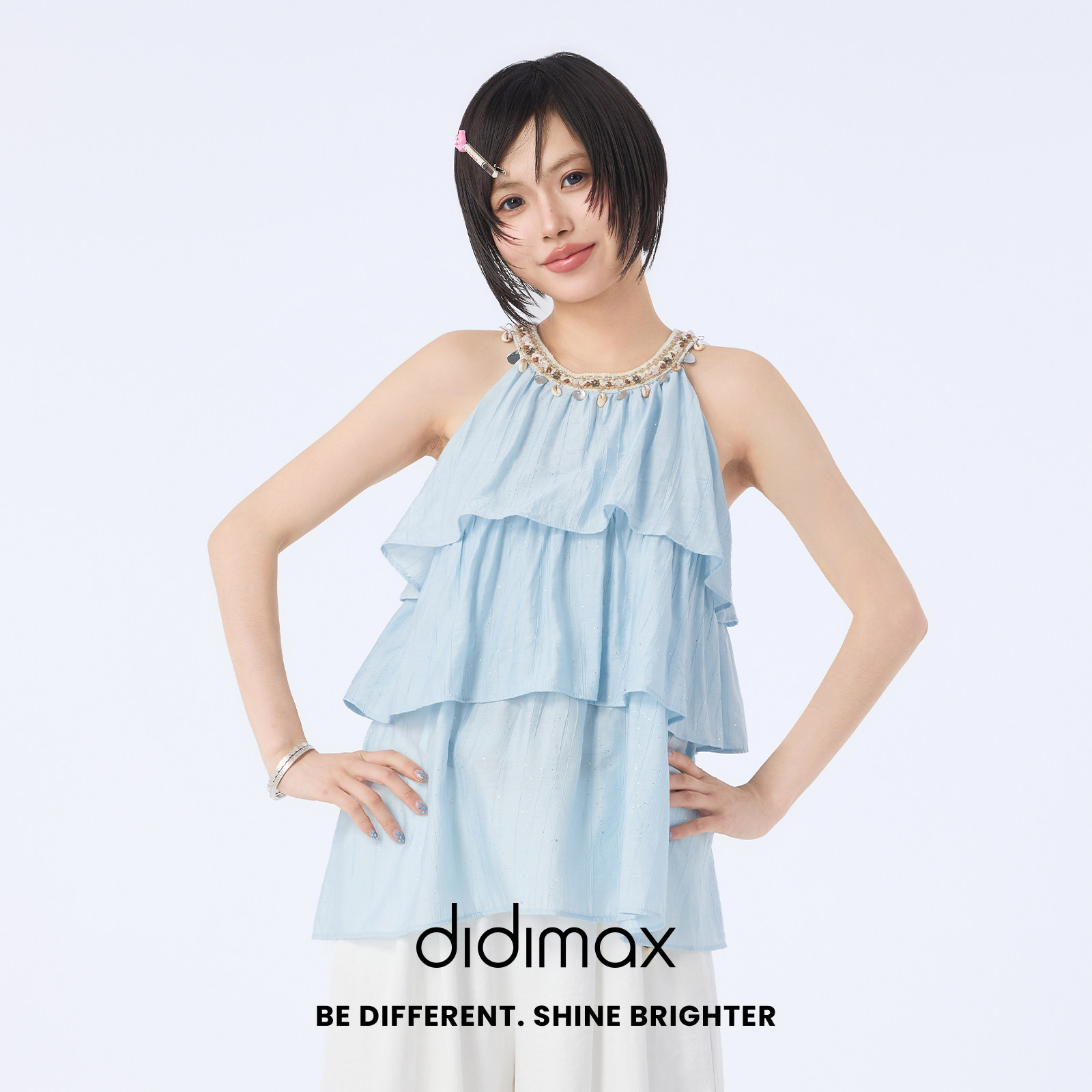 didimax夏季新款甜美百搭蛋糕吊带 背心 蓬松A字挂脖式上衣X48729