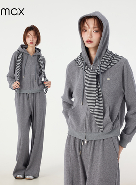 didimax冬季新款灰色连帽外套休闲阔腿裤两件套装 条纹披肩W86167
