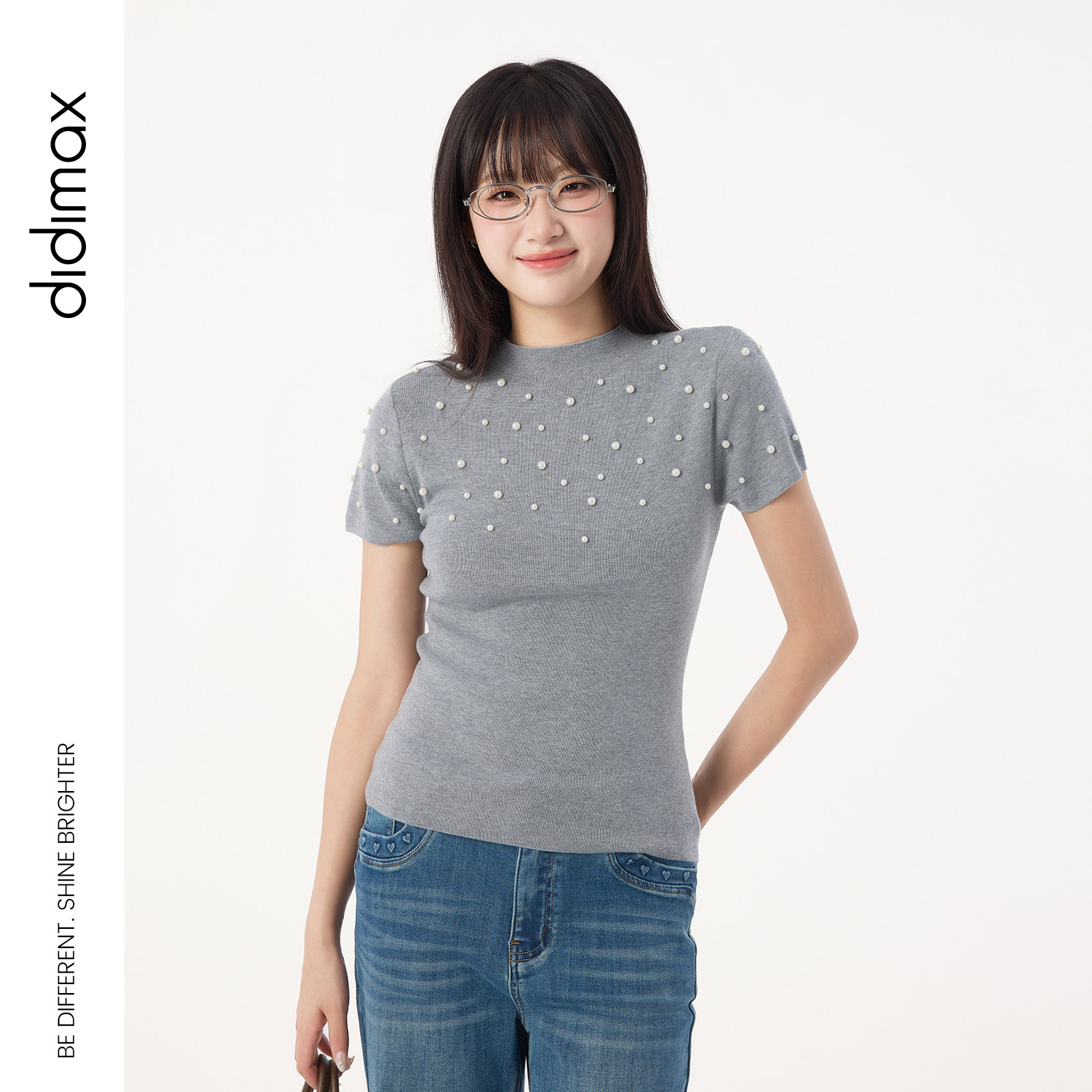 didimax秋季新款灰色立领短袖 珍珠修身型套头毛针织衫女Q20320图片