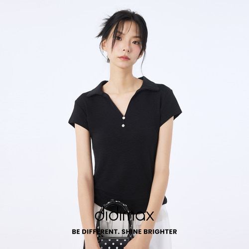 didimax夏季新款V领纯色polo衫 休闲风T恤常规款上衣女短袖X09537