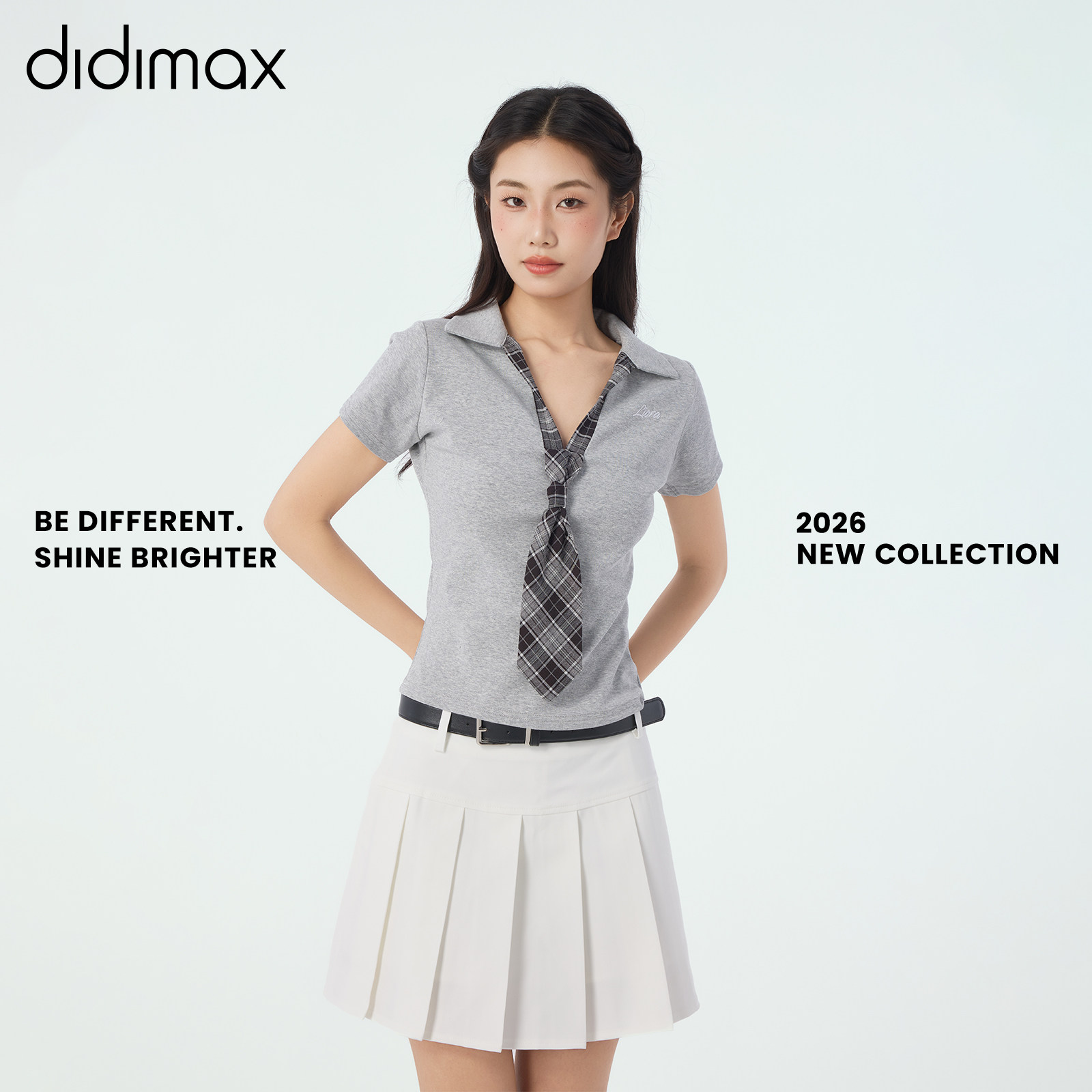didimax夏季新款修身型V领针织衫 假领带灰色 短袖 女装X48267