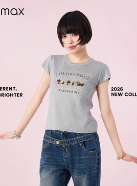 didimax春季新款灰色休闲风T恤 女士短袖圆领 植绒小狗上衣C27750