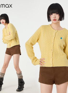 didimax冬季新款黄色麻花纹理针织开衫 金属小纽扣 毛衣女W26811