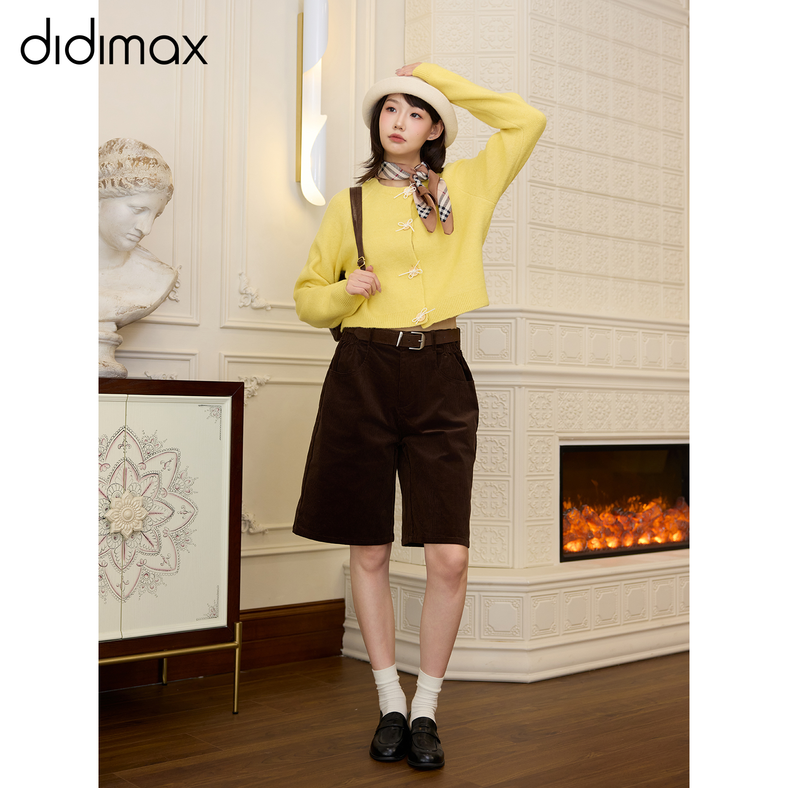 didimax冬季新款黄色针织衫蝴蝶结纽扣 毛衣开衫 原创设计W26358