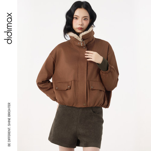 didimax冬季新款咖色羊羔毛翻领短外套 加绒保暖厚棉服夹克W30799
