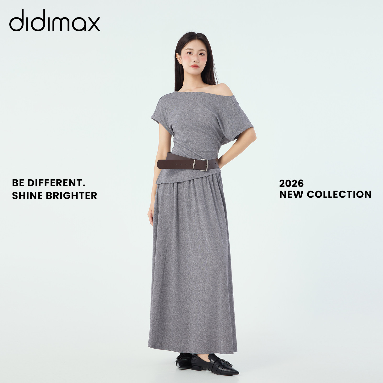 didimax夏季新款浅灰色休闲两件 露肩上衣A字长裙腰带套装X88314