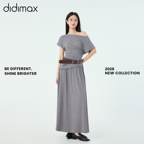 didimax夏季新款浅灰色休闲两件 露肩上衣A字长裙腰带套装X88314