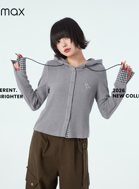 didimax春季新款针织连帽短款小衫 格子拼接原创上衣女C47022