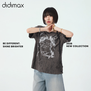 didimax夏季新款单侧深灰色破洞T恤 短袖慵懒感时尚街头X48583