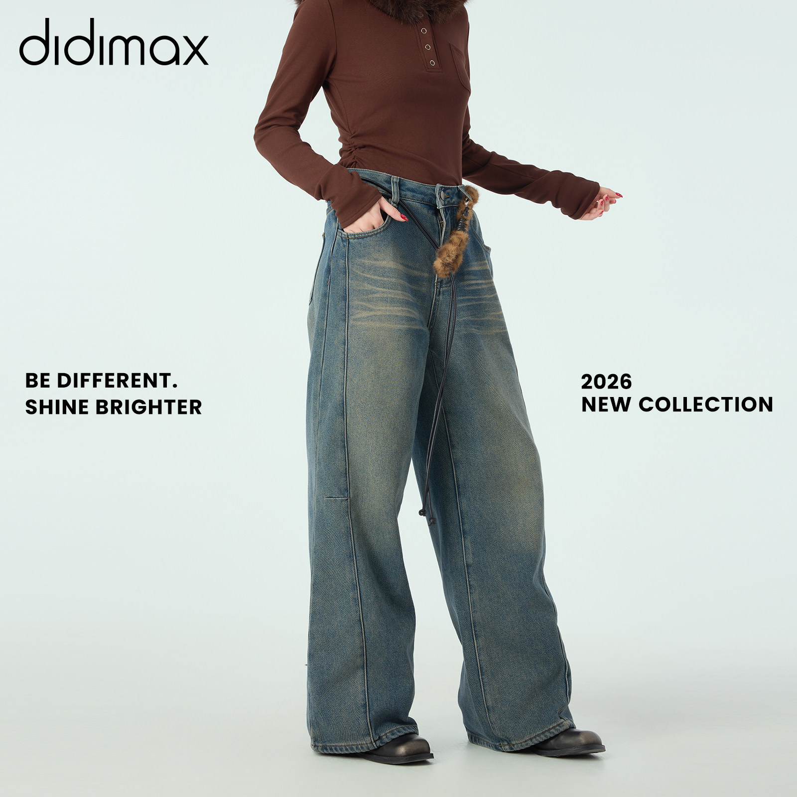 didimax春季新款复古做旧水洗蓝色宽松牛仔裤 豹纹毛绒腰头C57023,女装/女士精品,牛仔裤,淘宝优惠券,粉丝福利购,淘宝优惠卷