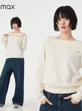 didimax冬季新款杏色翻领一字肩针织衫 女毛衣长袖内搭 W26739