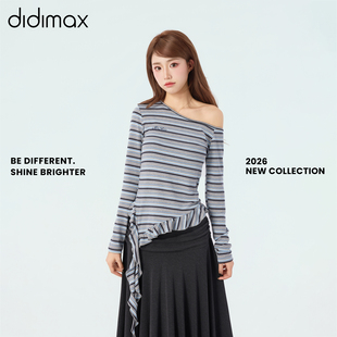 didimax春季新款蓝色条纹斜肩上衣 不规则下摆长袖T恤衫女C47155