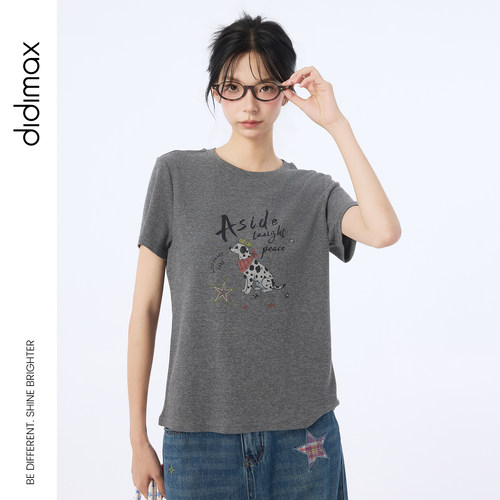 didimax秋季新款灰色正肩T恤 圆领日常短袖 卡通印花女装Q09892