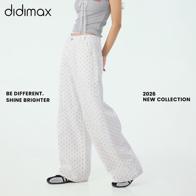 didimax夏季新款圆点休闲裤白色自然腰宽松阔腿长裤女X58303