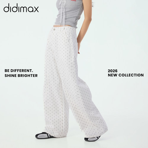 didimax夏季新款圆点休闲裤白色自然腰宽松阔腿长裤女X58303
