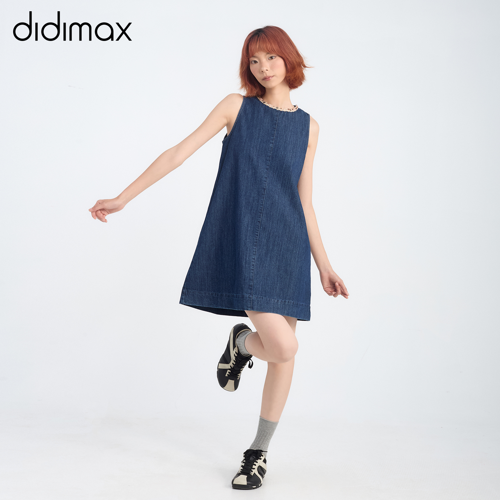 didimax夏季新款牛仔无袖上衣短款A字裙子丹宁蓝日常通勤X74120
