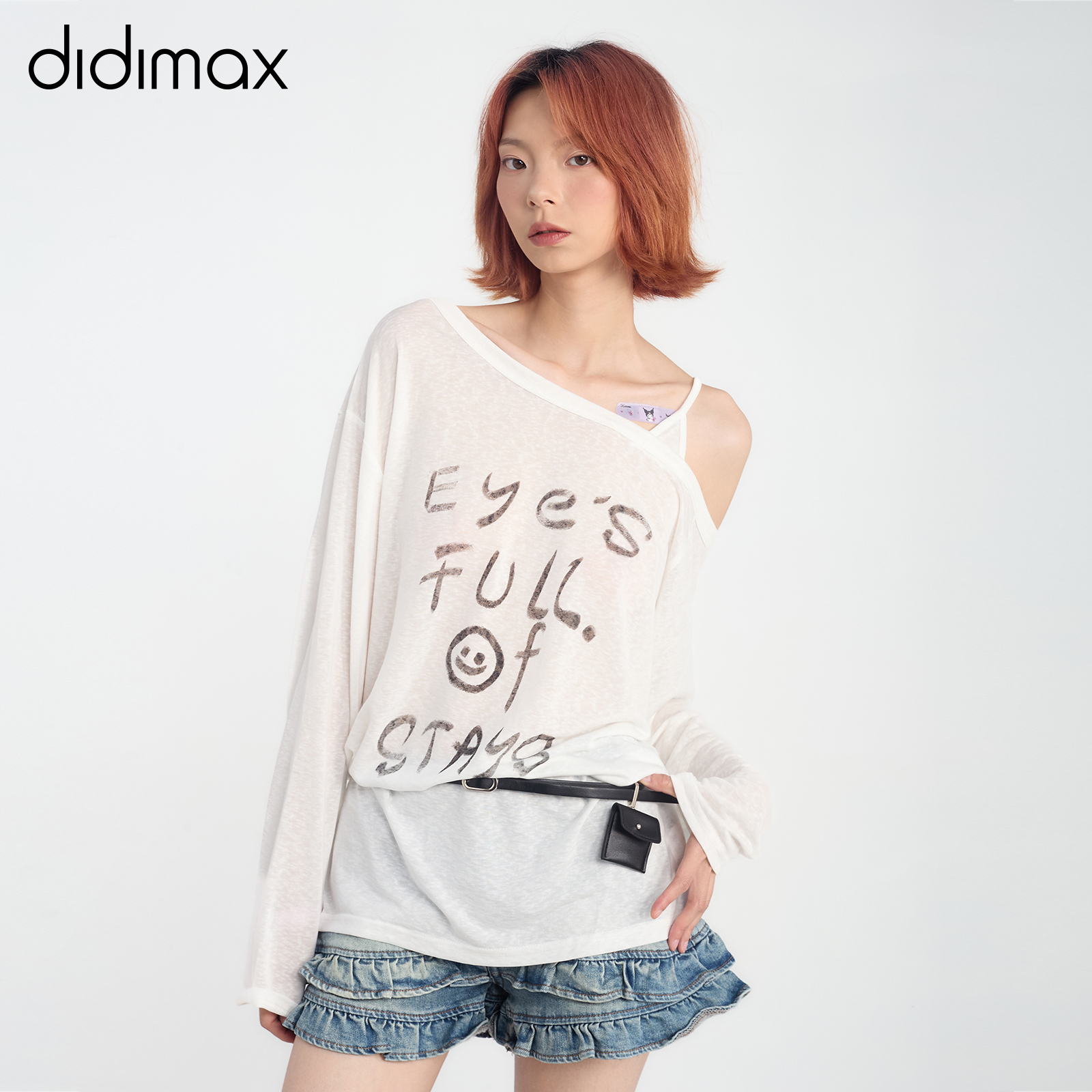 didimax夏季新款白色长袖斜肩罩衫打底衫女带腰带慵懒感X44265