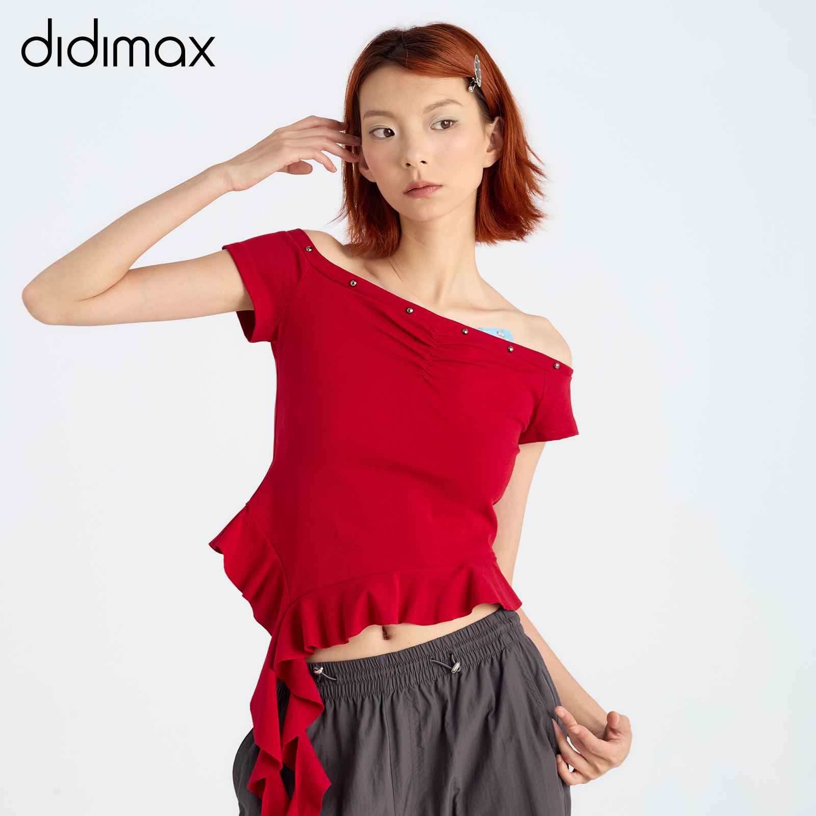 didimax夏季新款美式辣妹一字肩短袖T恤衫木耳边红色短袖X44447