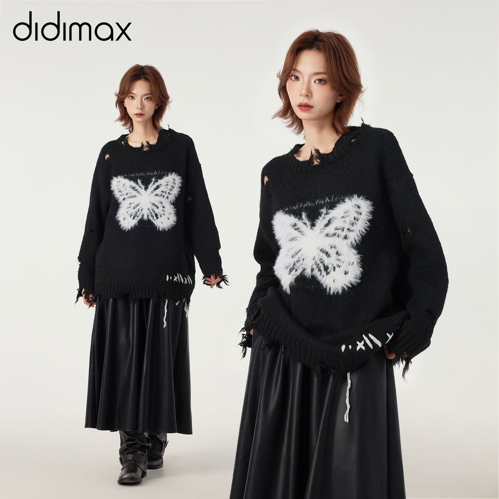 didimax冬季新款黑色破洞毛衣 蝴蝶装饰 酷飒保暖 不臃肿W25986