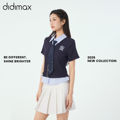 didimax夏季新款藏青色假两件短袖 学院风修身T恤 翻领女装X48304
